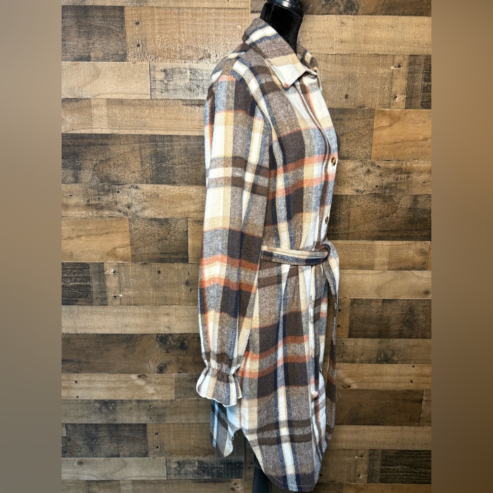 Plaid Women's Ivory Brown Red Belted Jacket Blazer Pea Coat Large L CT - Picture 2 of 4